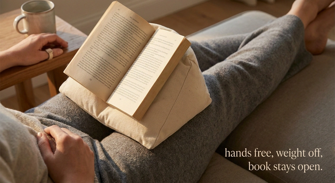 Bean-bag book holder propping open a paperback hands-free for reading with hand neuropathy
