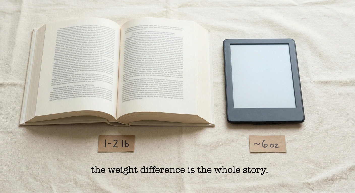 Flat-lay comparison of a hardcover book and an e-reader showing the weight difference for neuropathy hand pain