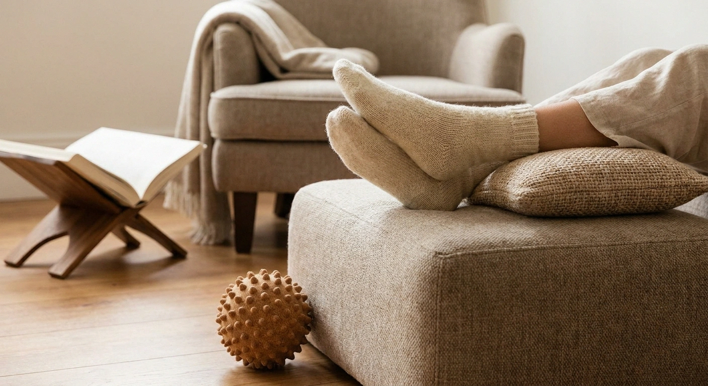Feet elevated on an ottoman in soft socks for reading comfort with foot neuropathy