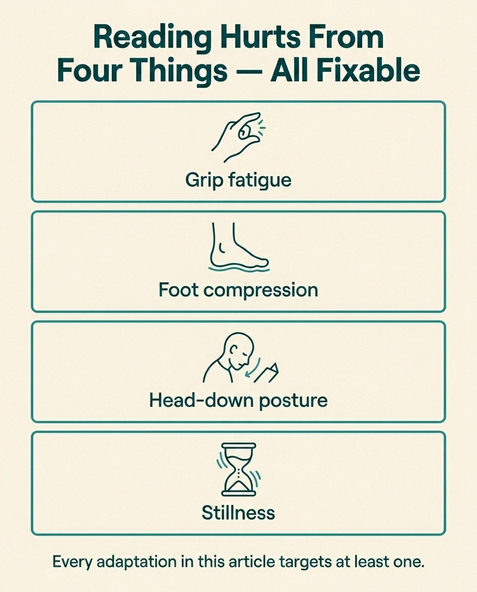 Infographic showing four reading-pain problems for neuropathy: grip, foot compression, posture, stillness