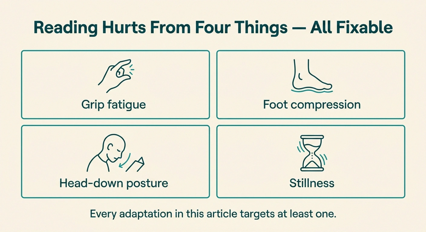 Infographic showing four reading-pain problems for neuropathy: grip, foot compression, posture, stillness