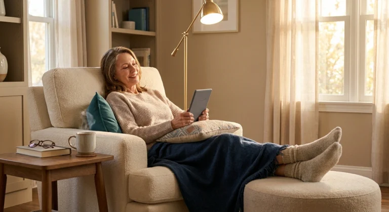 Woman in her late 50s reading comfortably with e-reader, ottoman, and task lamp adapted for neuropathy