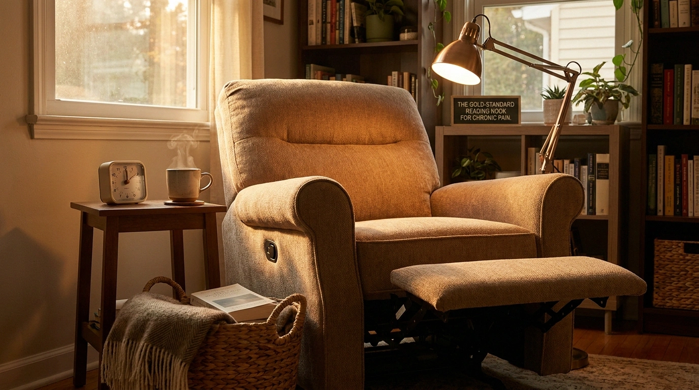 Adapted recliner reading nook with task lamp, footrest, and timer for neuropathy reading comfort