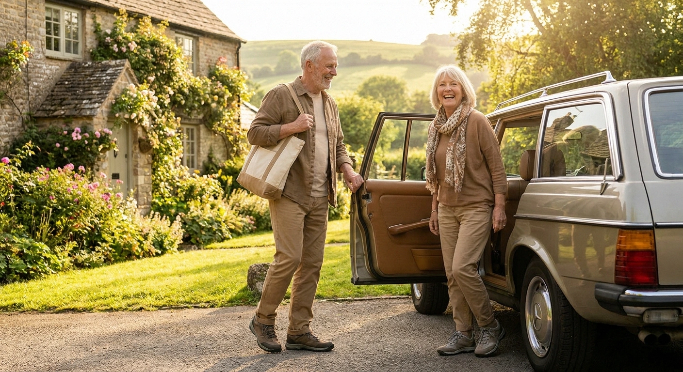 Older couple arriving unhurried and smiling at their destination after a well-paced long drive