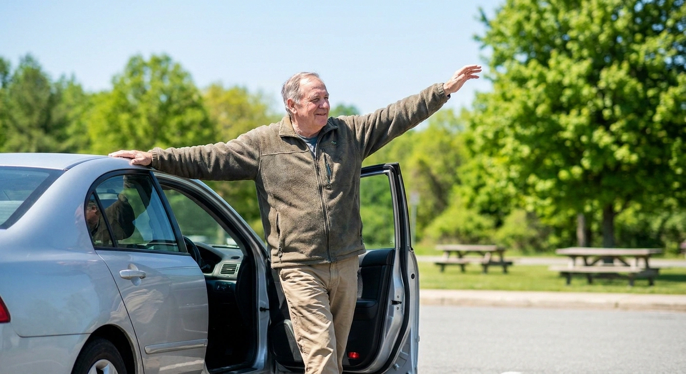 Older man taking a calm stretch-and-walk break beside his car at a highway rest area