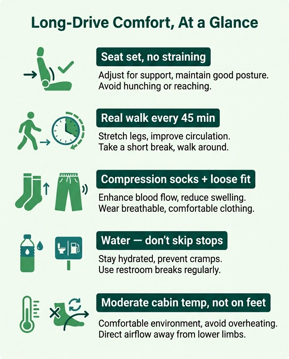 Infographic checklist of five long-drive comfort countermeasures for neuropathy