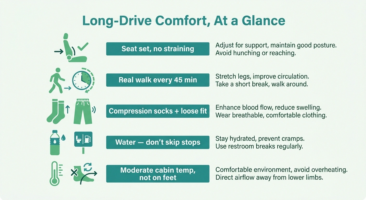 Infographic checklist of five long-drive comfort countermeasures for neuropathy