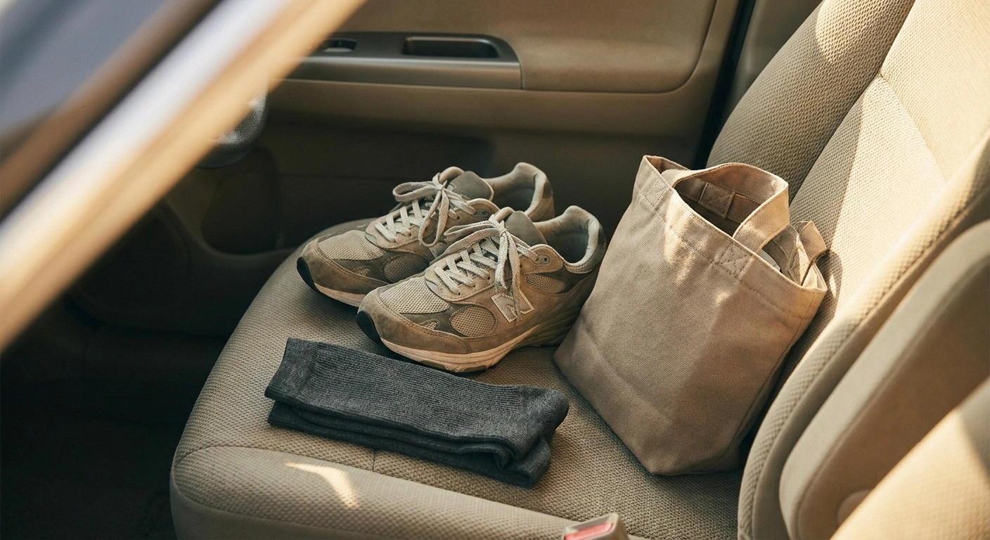 Supportive shoes and compression socks laid out on a car seat ready for a long drive