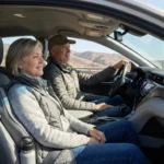 Relaxed older couple comfortably set up in a car for a long drive with a seat cushion and water at hand
