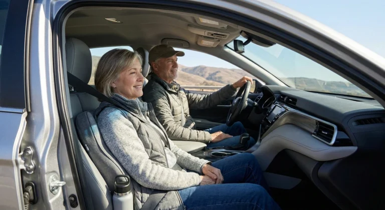 Relaxed older couple comfortably set up in a car for a long drive with a seat cushion and water at hand
