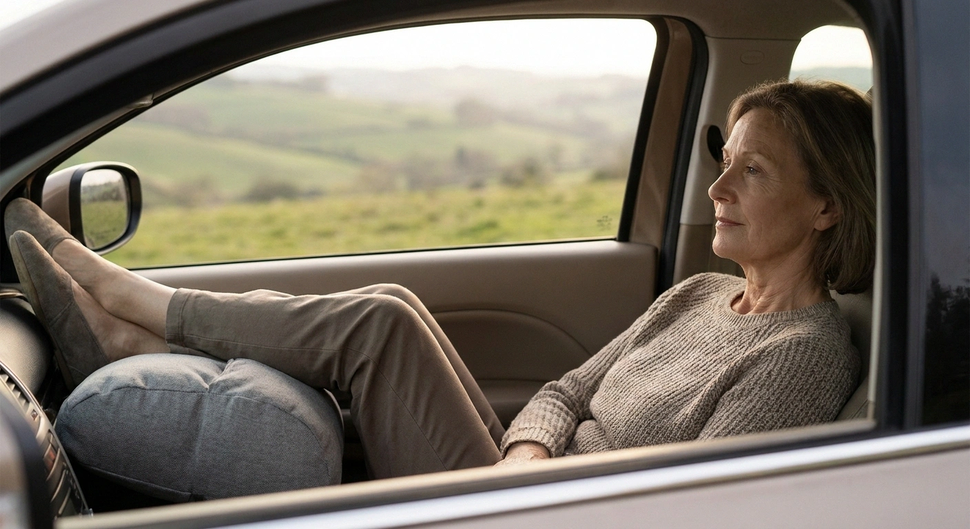 Older woman comfortably repositioned in the passenger seat with a footrest cushion on a long drive