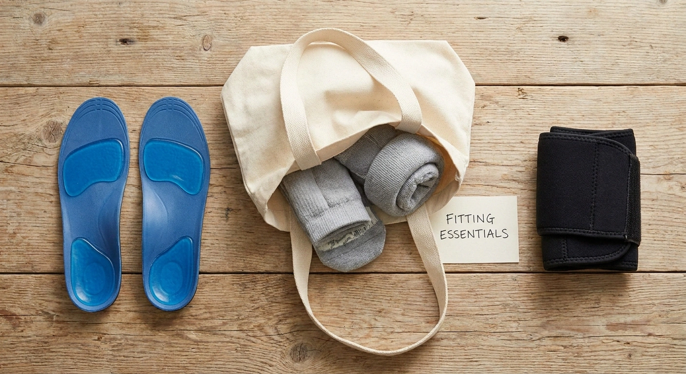 Diabetic socks, custom orthotics, and ankle brace laid out — items to bring when shoe shopping with neuropathy