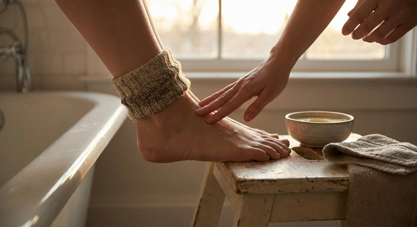 End-of-day foot inspection after wearing new shoes — visual check replaces lost pressure feedback in neuropathy