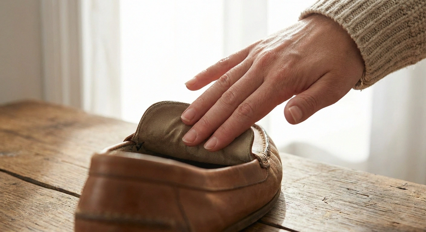 Hand inspecting the interior of a shoe for raised seams — essential check before buying with neuropathy