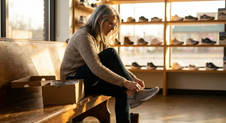 Woman trying on athletic shoes at a specialty shoe store — practical fitting for sensitive neuropathy feet