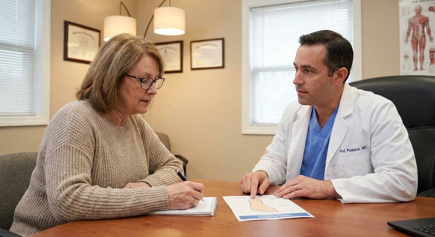 Patient discussing Medicare therapeutic shoe benefit with podiatrist for diabetic neuropathy coverage