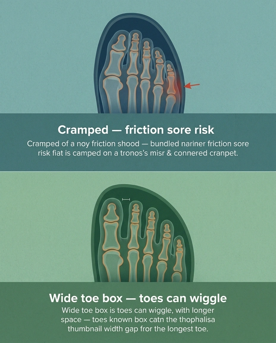 Comparison illustration of cramped narrow toe box versus wide toe box with proper fit space for neuropathy feet