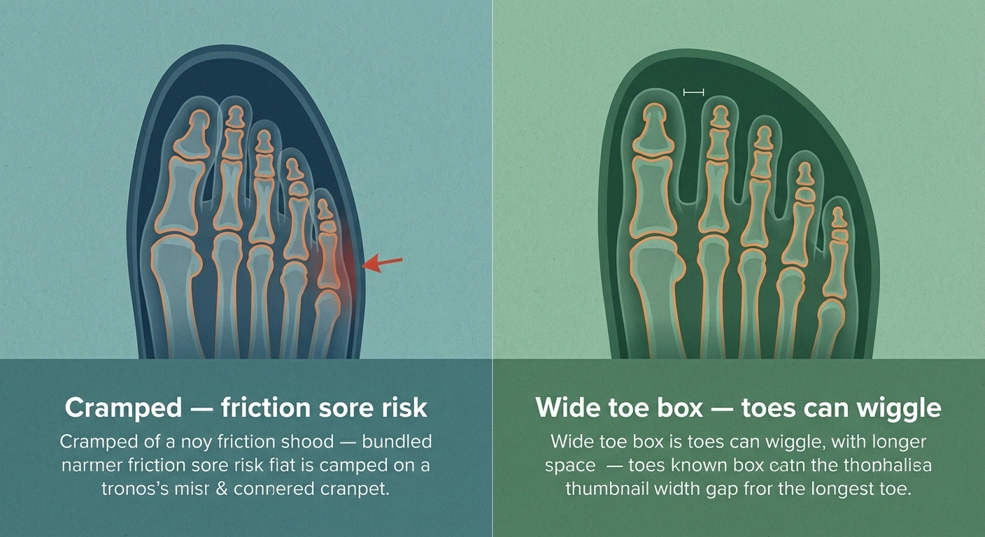 Comparison illustration of cramped narrow toe box versus wide toe box with proper fit space for neuropathy feet