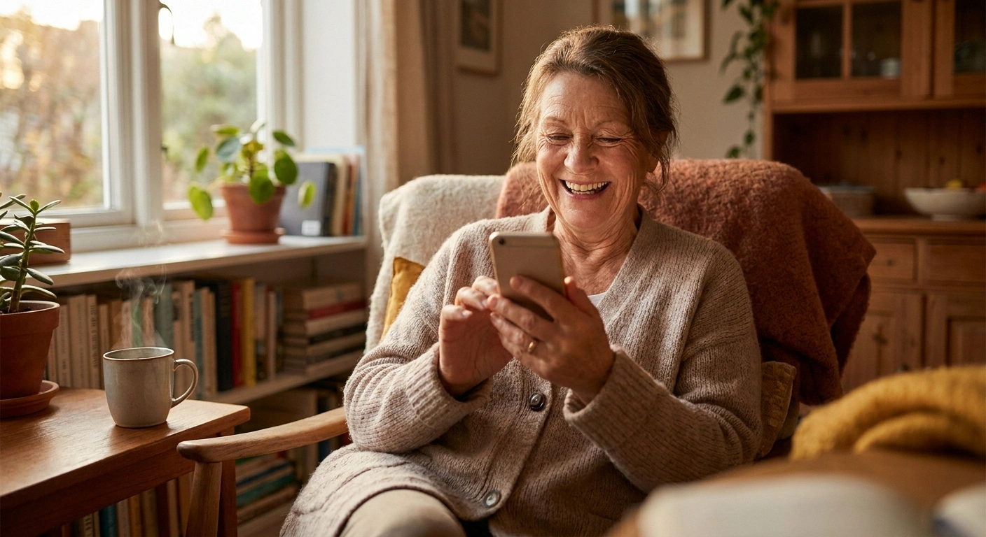 Older woman smiling warmly at a message on her smartphone, relaxed and connected at home