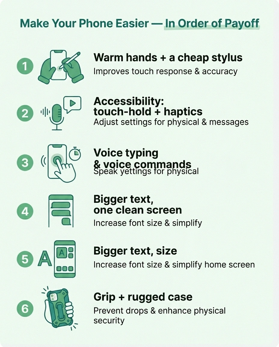 Infographic listing five smartphone fixes for neuropathy in order of payoff