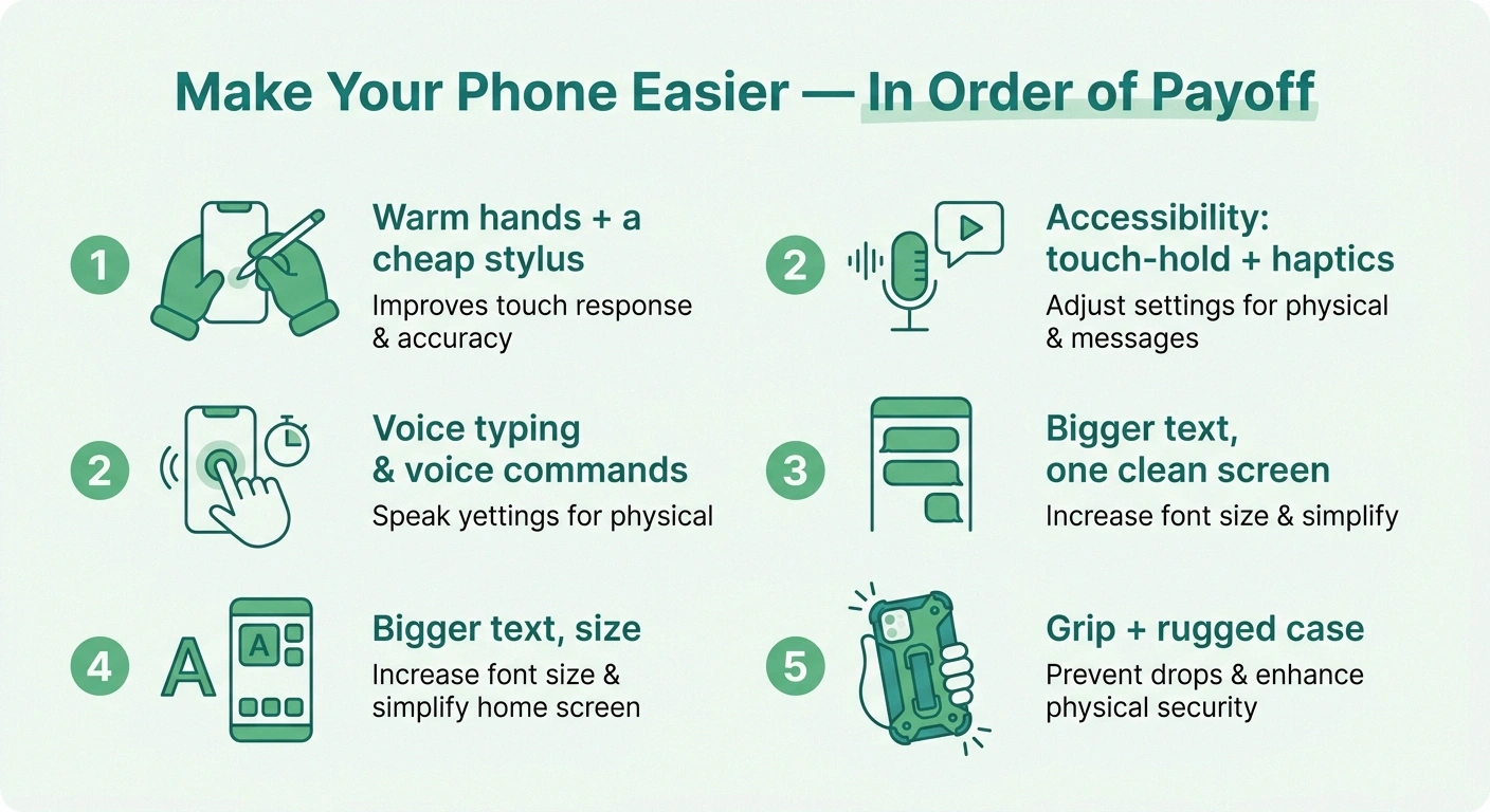 Infographic listing five smartphone fixes for neuropathy in order of payoff