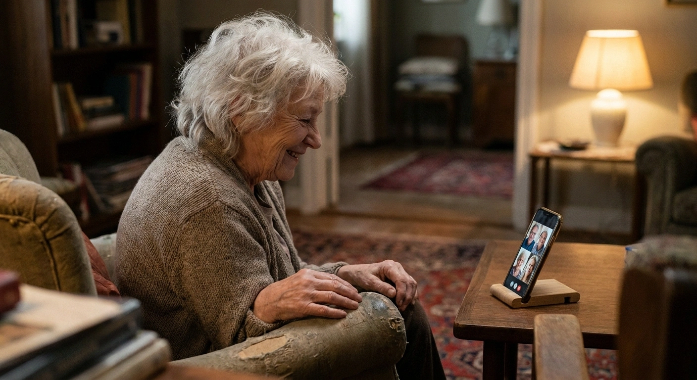 Older person on a hands-free video call with the phone resting in a tabletop stand