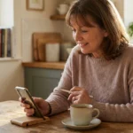 Content older woman comfortably using a smartphone with a back grip and stylus at a kitchen table