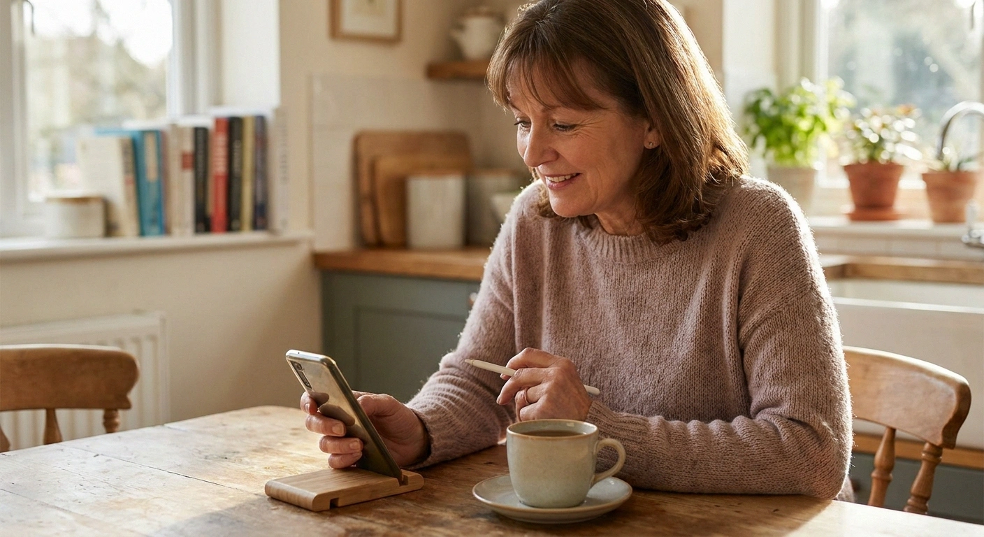 Content older woman comfortably using a smartphone with a back grip and stylus at a kitchen table