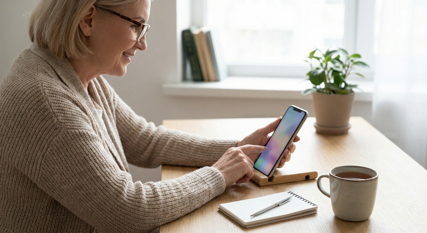 Older woman with reading glasses calmly adjusting accessibility settings on a propped phone