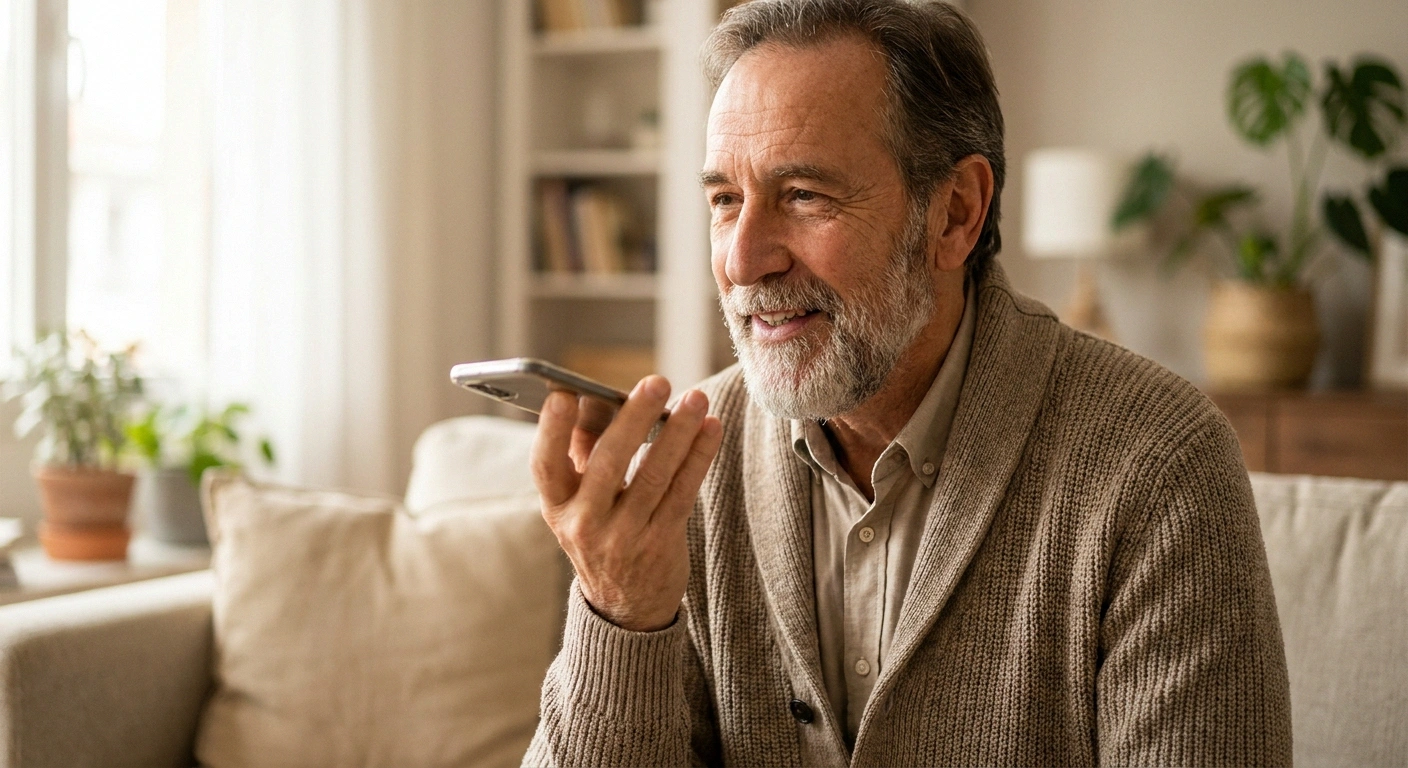 Older man relaxedly speaking a voice command into his smartphone instead of typing