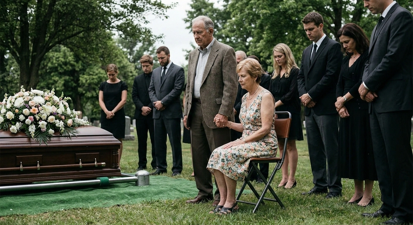 Older woman with neuropathy seated on a folding cane-seat at an outdoor memorial service while holding her husband's hand.