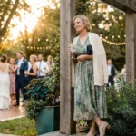 Older woman in dress attire leaning on a pergola pillar at an outdoor wedding reception, pacing her standing time.