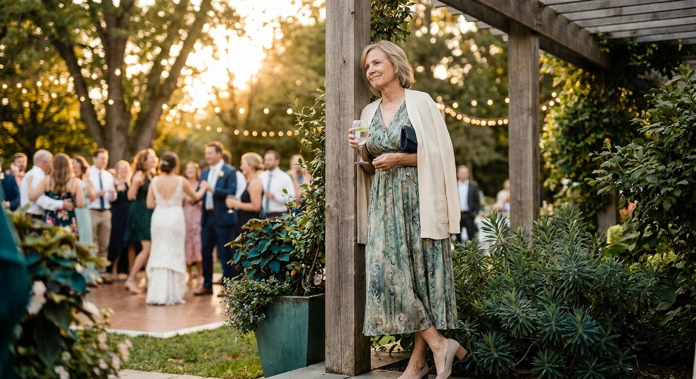 Older woman in dress attire leaning on a pergola pillar at an outdoor wedding reception, pacing her standing time.