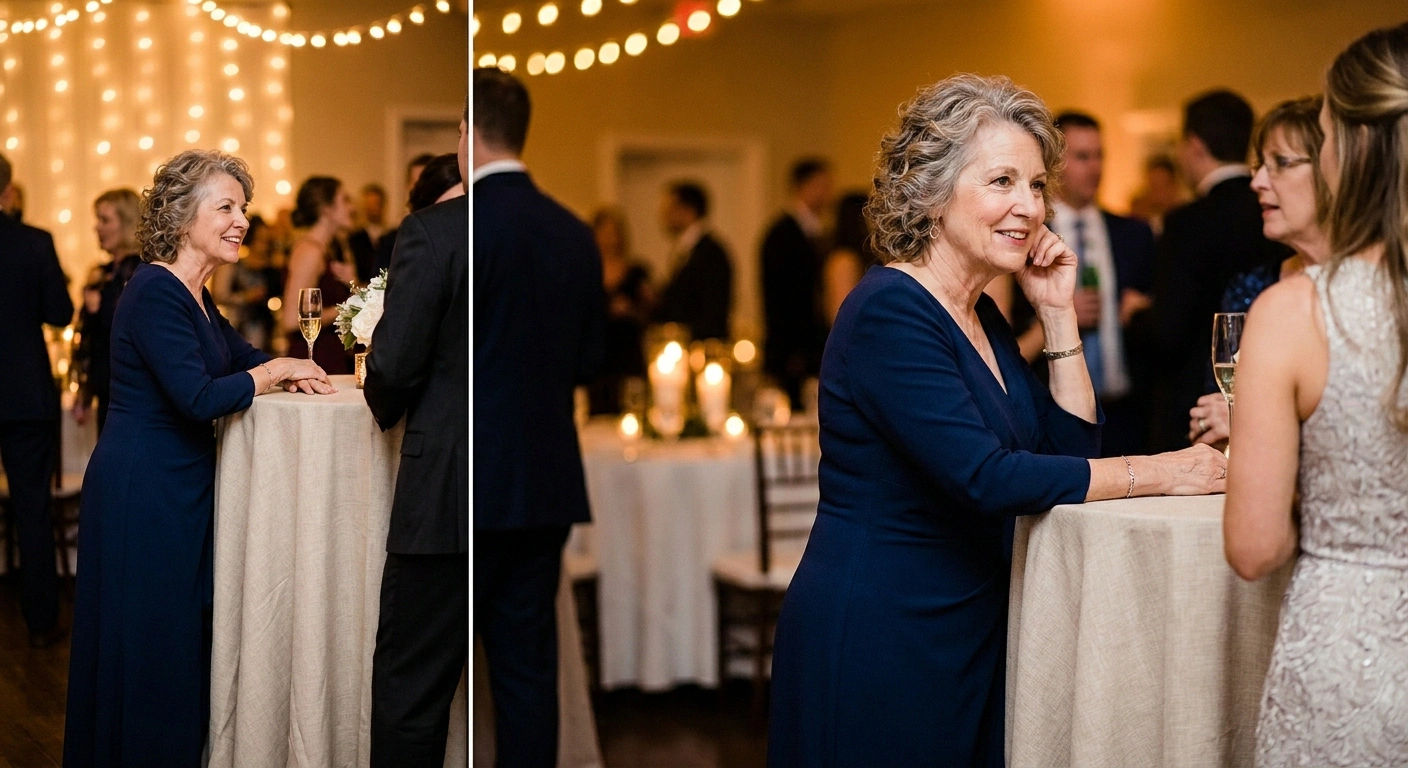 Woman with neuropathy leaning discreetly against a cocktail table while talking with a guest at a wedding reception.