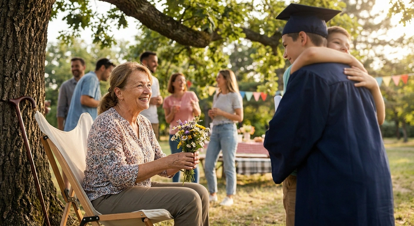 Grandmother seated at her grandson's outdoor graduation celebration, fully present and beaming as she watches him.