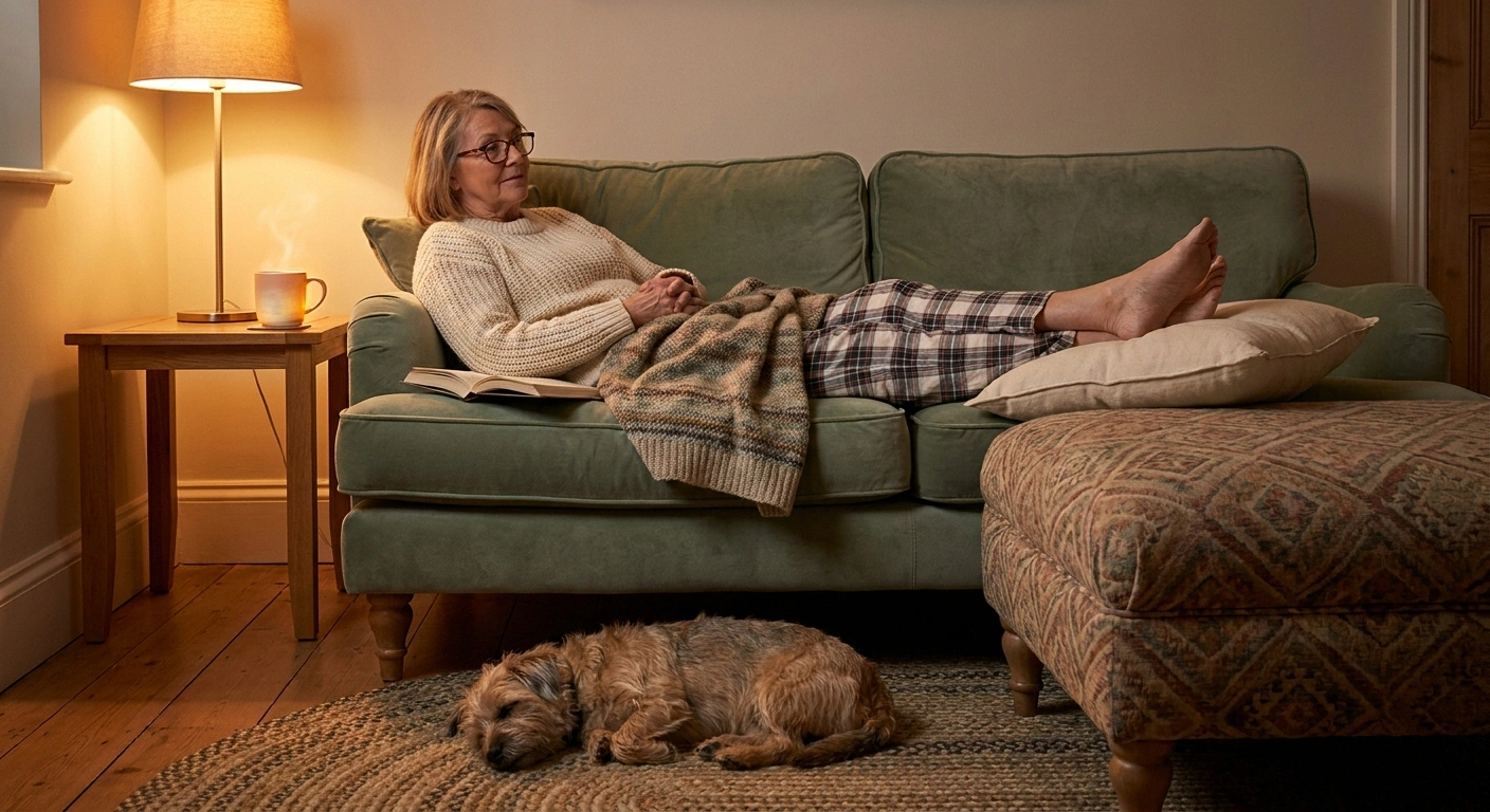 Older woman with neuropathy resting on a sofa with legs elevated after attending an event, with tea and a book nearby.