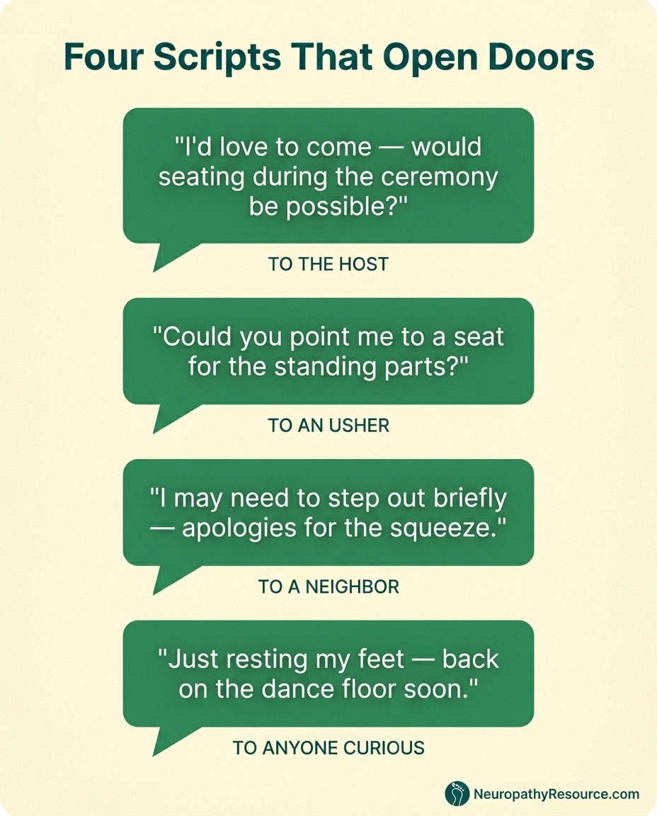 Four scripts for asking about seating at events with neuropathy — to the host, an usher, a neighbor, and curious onlookers.