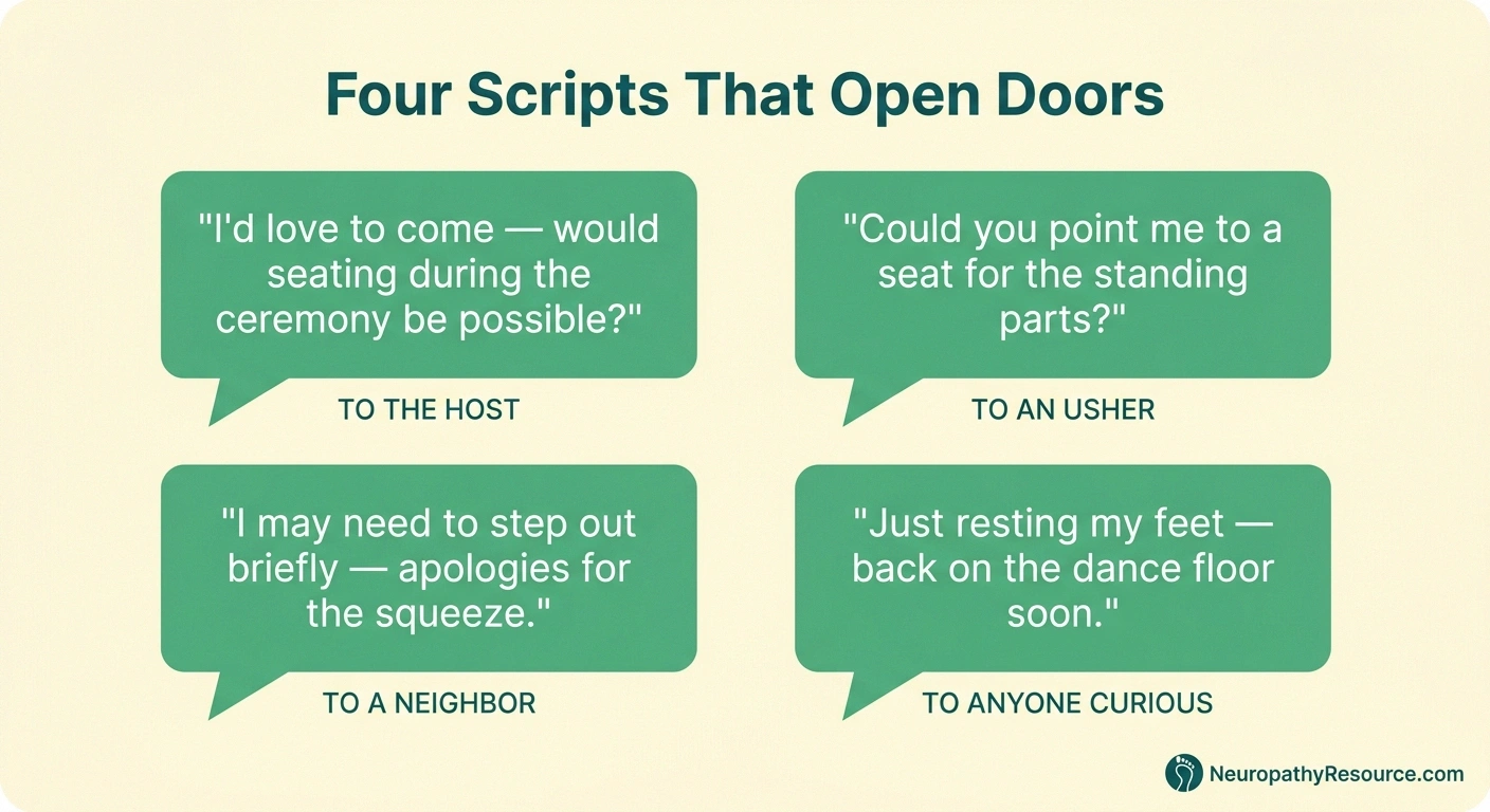 Four scripts for asking about seating at events with neuropathy — to the host, an usher, a neighbor, and curious onlookers.
