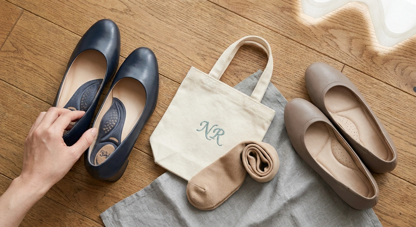 Two pairs of supportive dress shoes laid out with cushioned insoles and compression socks for a wedding day with neuropathy.