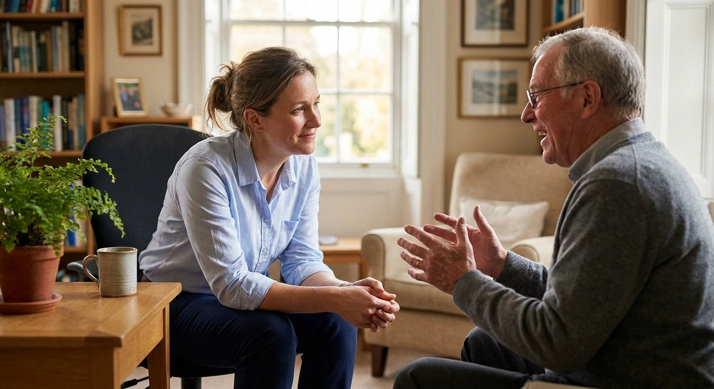 An attentive doctor listening to an older patient during a calm, supportive conversation about pain medication