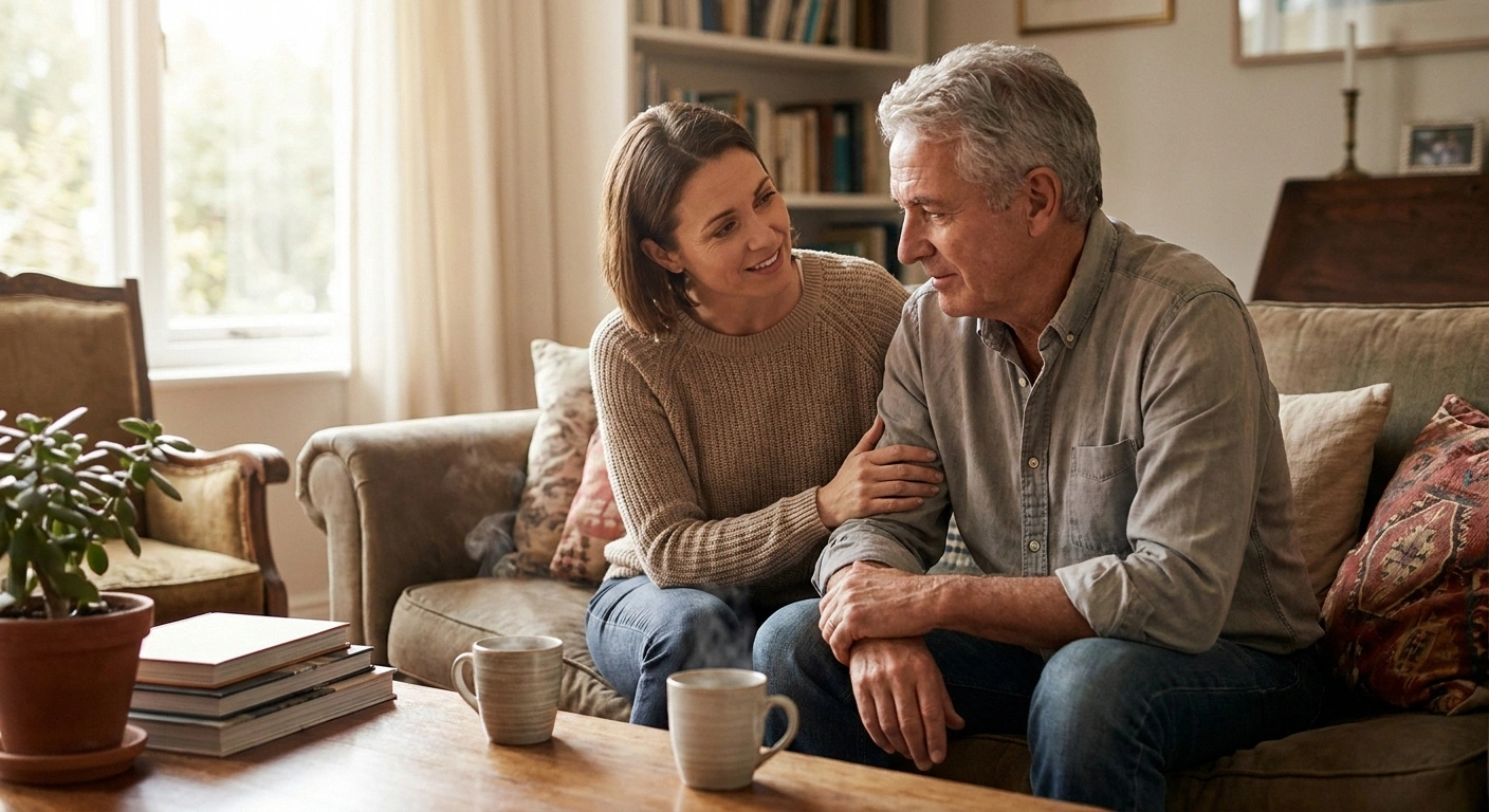 An adult daughter gently reaching out to her father during a supportive conversation on the sofa