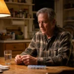 Older man sitting thoughtfully at a kitchen table at night, reflecting on his relationship with pain medication