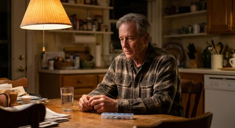 Older man sitting thoughtfully at a kitchen table at night, reflecting on his relationship with pain medication