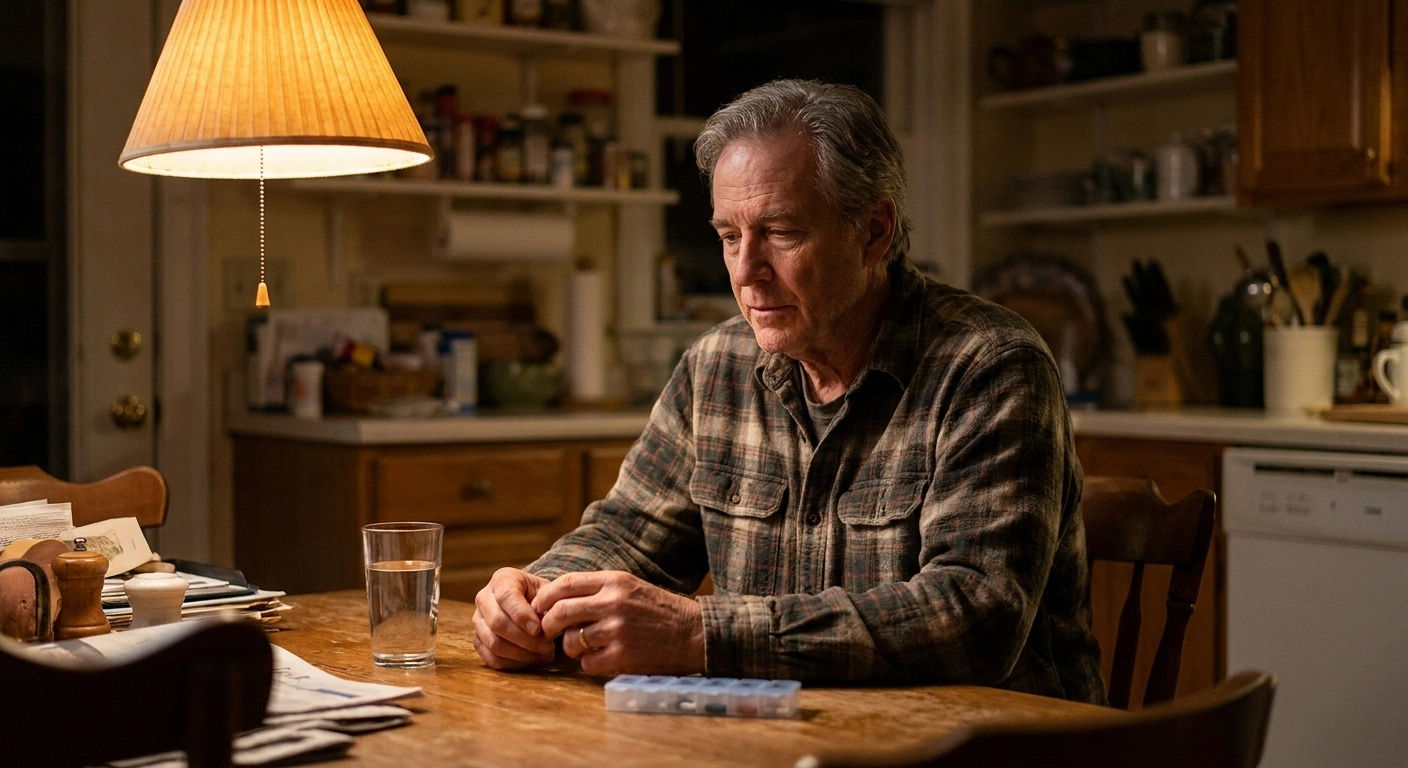 Older man sitting thoughtfully at a kitchen table at night, reflecting on his relationship with pain medication