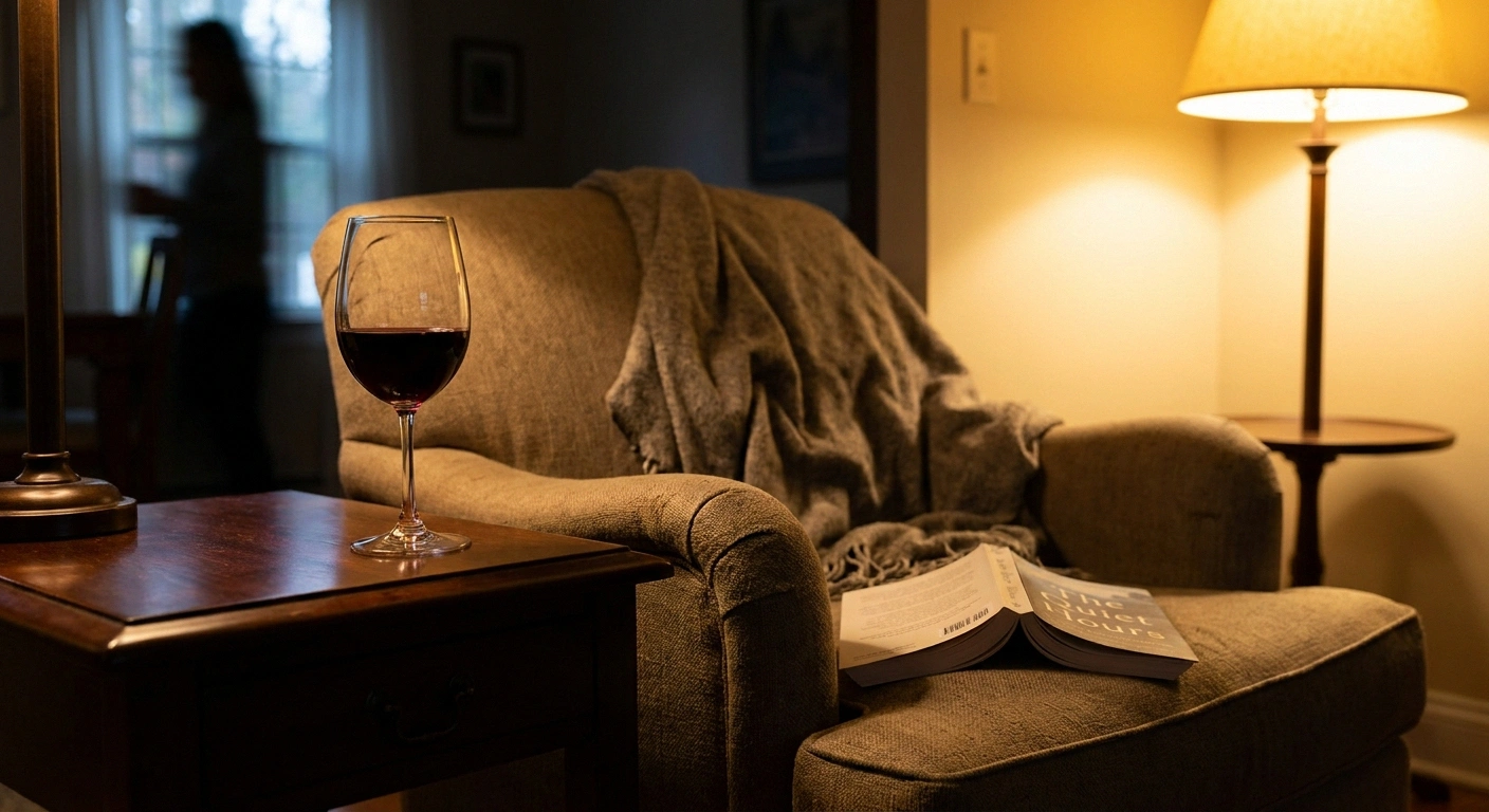 A single glass of wine beside a worn armchair in a quiet evening living room, illustrating everyday self-medication