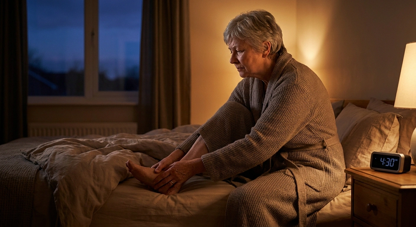 Tired older woman sitting on the edge of her bed before dawn rubbing her aching foot after a sleepless night
