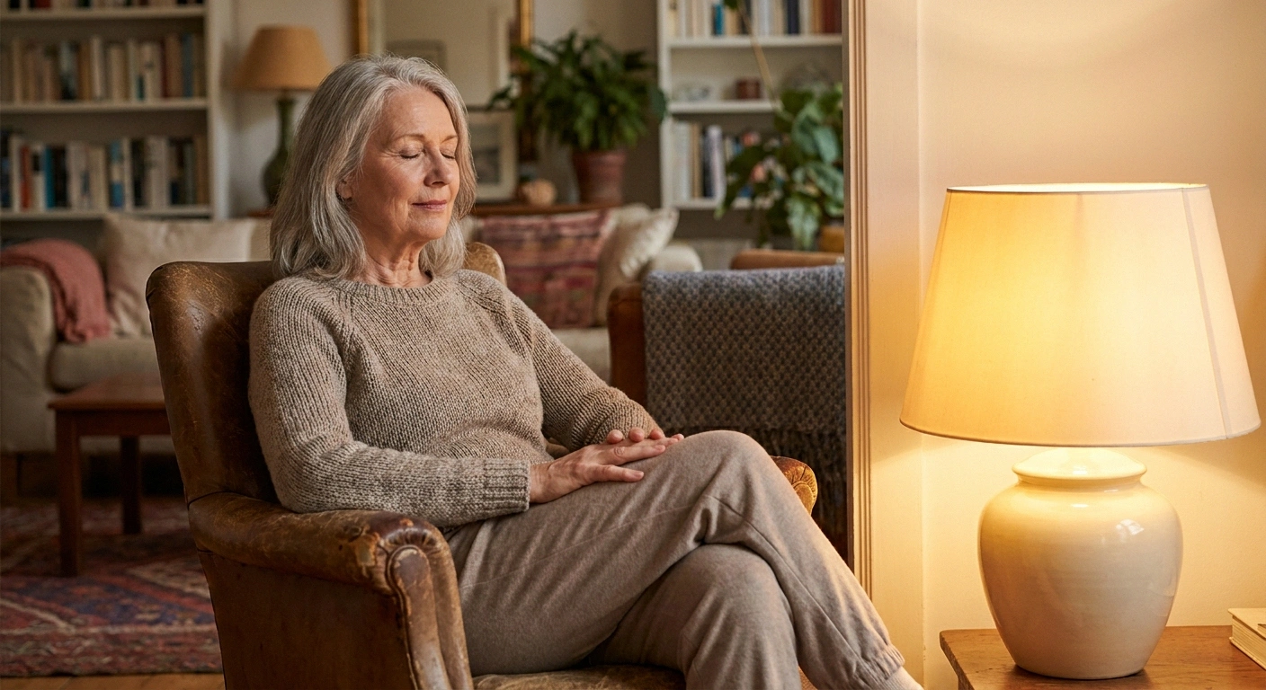 Older woman calmly practicing a mindfulness breathing moment in a comfortable chair at home