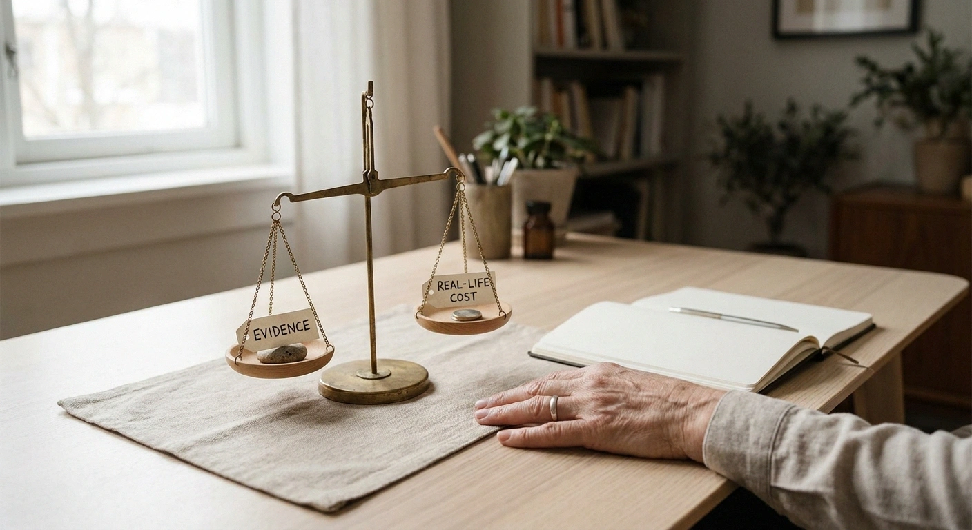 A simple balance scale weighing treatment evidence against real-life cost and risk