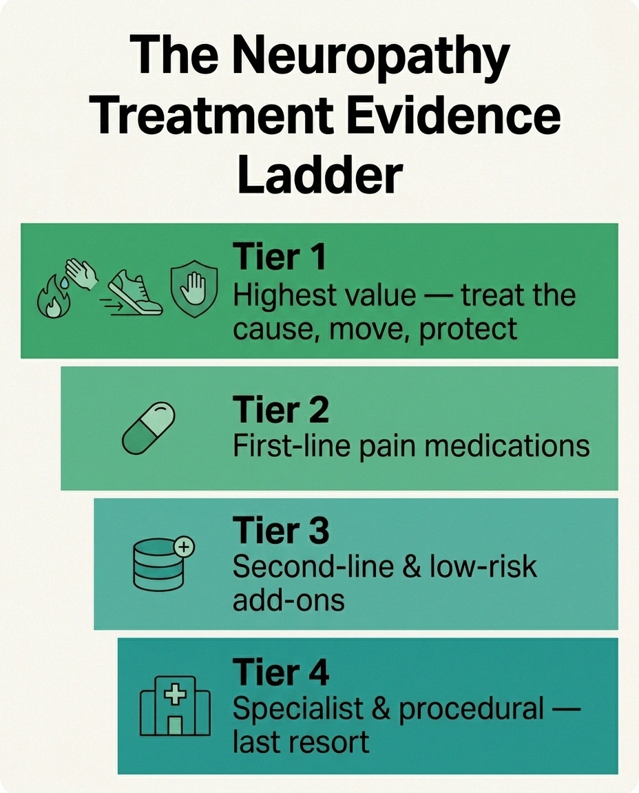 Infographic of the four-tier neuropathy treatment evidence ladder from highest value to last resort