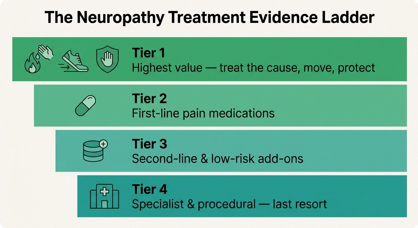 Infographic of the four-tier neuropathy treatment evidence ladder from highest value to last resort